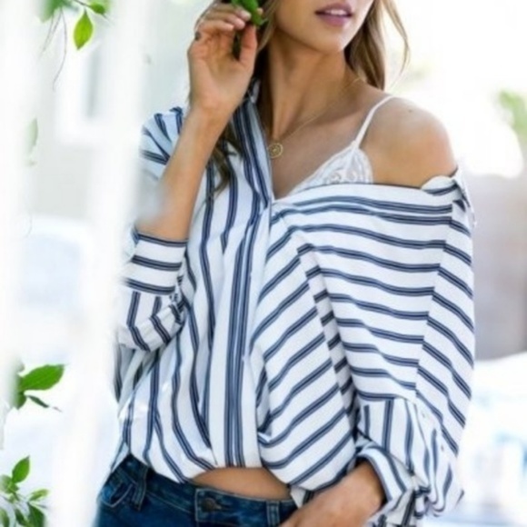 Key West Navy and Off White Striped Button Up Top - Picture 4 of 6